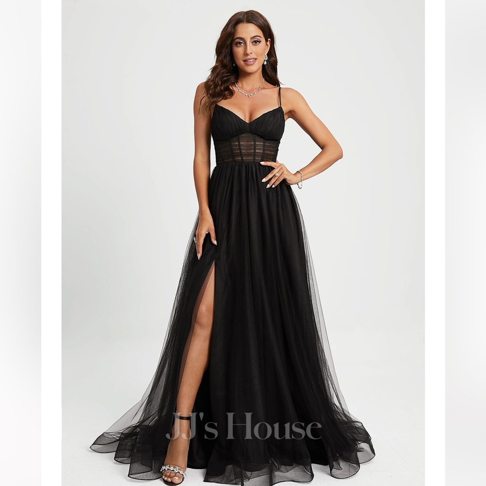 Ball-Gown/Princess V-Neck Sweep Train Tulle Prom Dresses With Pleated #269834